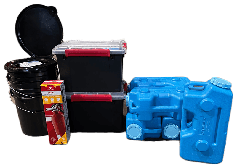 Everything in the 1 Person Kit, packed: stacked AquaBrick water containers, sealed supply totes, bucket toilet with seat, and a fire extinguisher