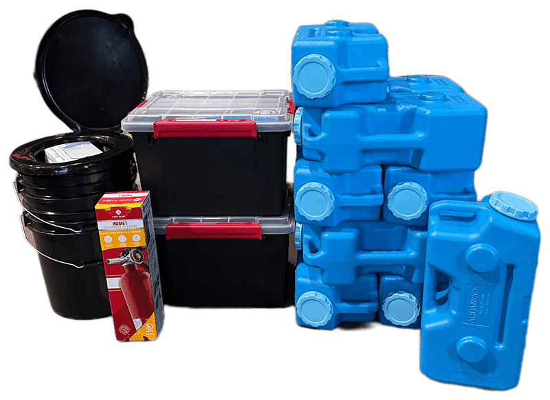 A complete 2 Person PDX Quake Prep kit: stacked AquaBrick water containers, sealed supply totes, a bucket toilet with seat, and a fire extinguisher