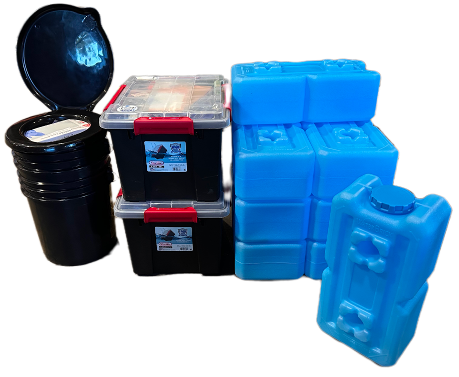 A complete PDX Quake Prep kit: stacked water containers, sealed supply totes, and a bucket toilet with seat